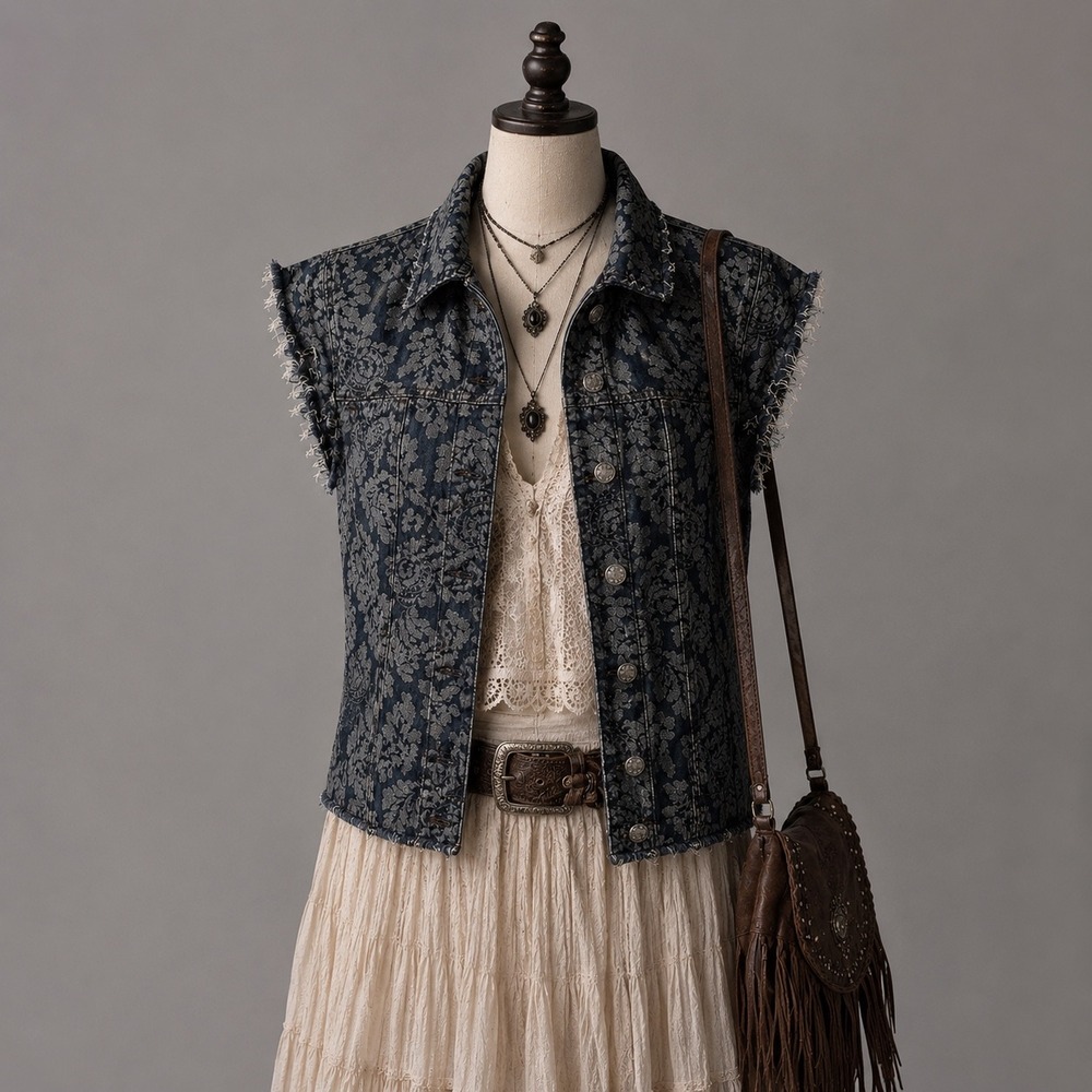Y2K Chicos 1 Floral Denim Vest Small Cropped Dark Romantic Boho Indie Grunge VTG